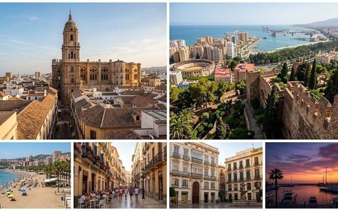 Koláž fotografií mesta Malaga zobrazujúca katedrálu, prístav, historické centrum a pláž La Malagueta počas západu slnka.